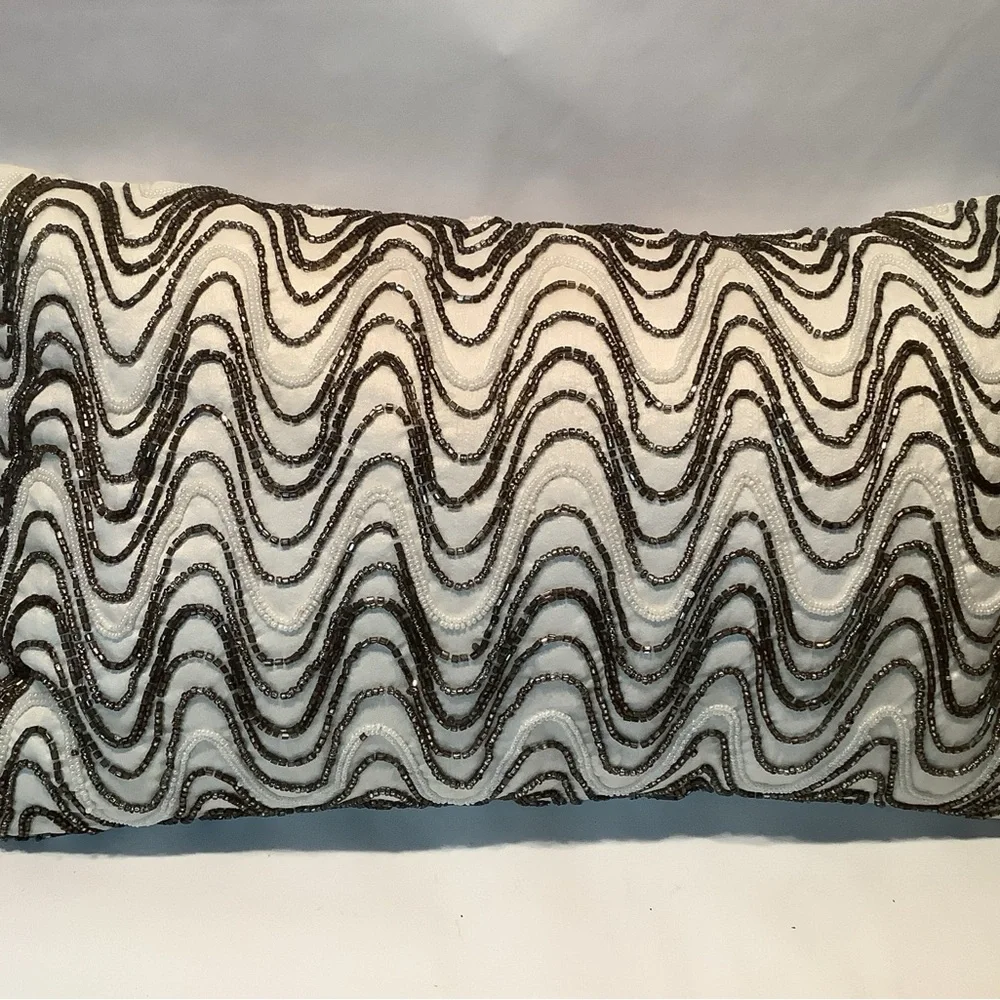 Pier 1 Beaded Throw Pillow Metallic Cream Bronze Wave Satin Back 20